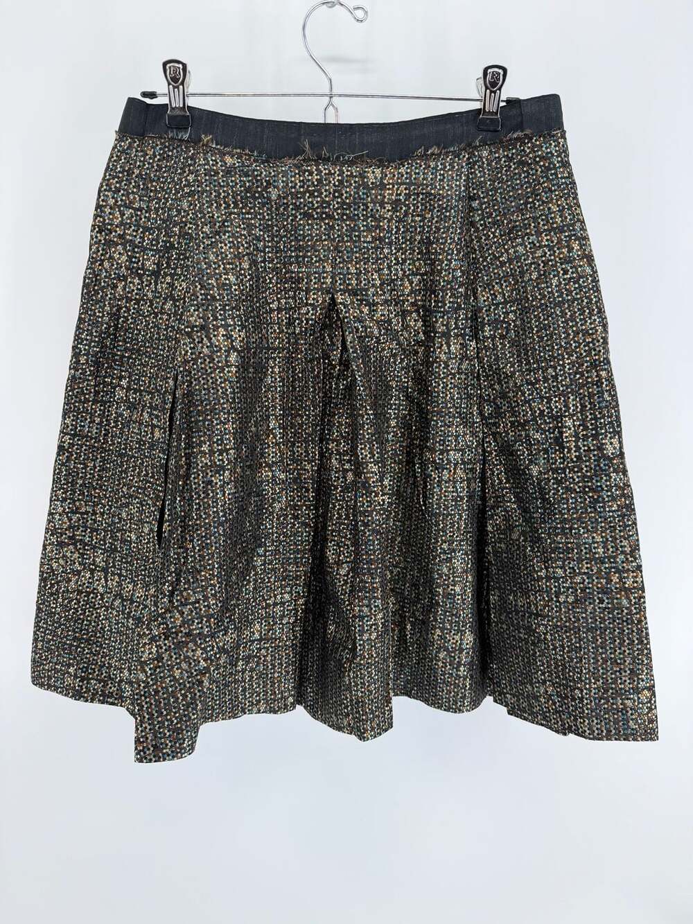 Cotélac Size 2 Metallic Jacquard Pleated Skirt Black Teal Gold Artsy Euro